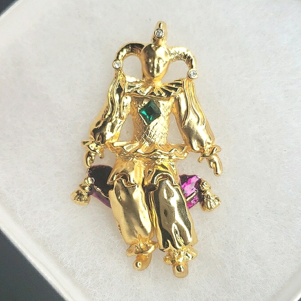 Rare 🔥Vintage Jester Enamel RhineStone Gold Brooch